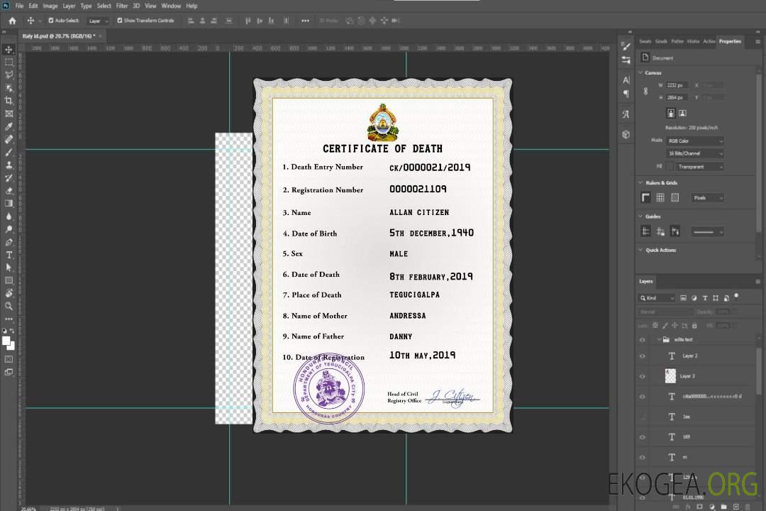 Modèle PSD de certificat de décès du Honduras template